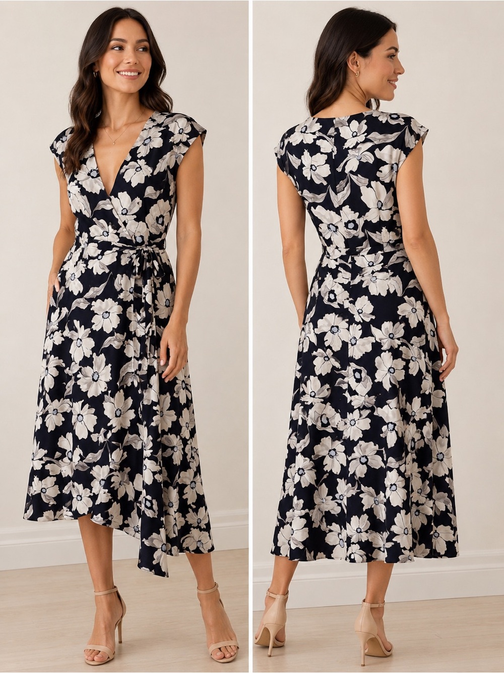Banana Republic Navy Floral Wrap Midi Dress Size 6